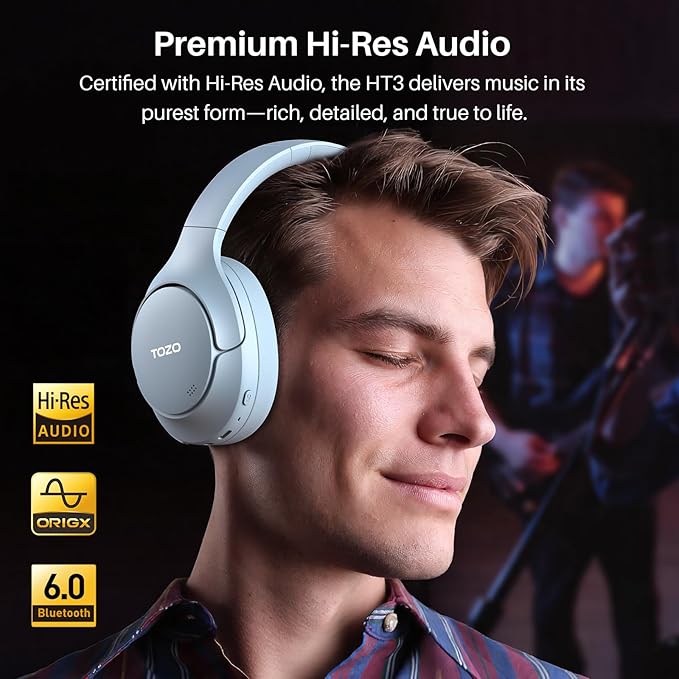 TOZO HT3 Hybrid Noise Cancelling Headphones, 90H Battery Life Wireless Over Ear Bluetooth 6.0 Foldable Headset, AI Voice Assistant with 5 Mics, Connect 2 Devices and Hi-Res Sound, 32 EQ Audio Presets