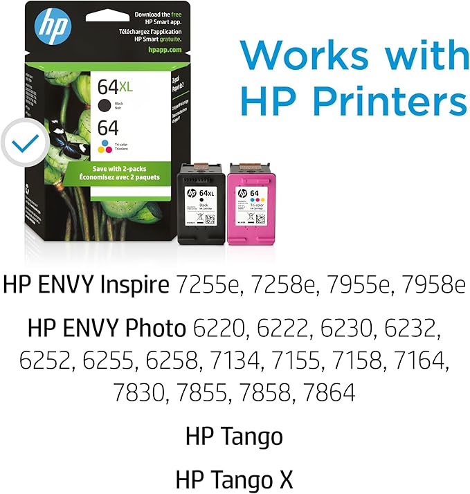 HP 64XL/64 Black High Yield and Tri-Color Standard Yield Ink Cartridges, 2/Pack
