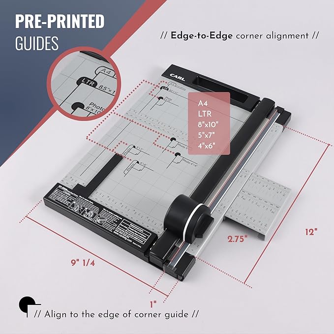 CARL Professional Rotary Paper Cutter with Clear Window – 12" Trimmer with Metal Base, Magnetic Guide, Calibrated Extension – Precise Paper, Label, Photo & Craft Cutting Tool