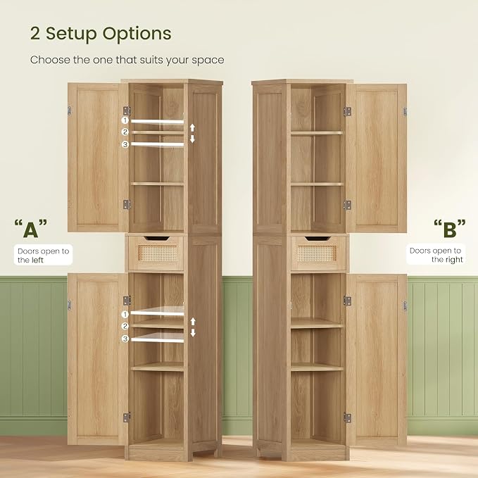 Iwell Tall Bathroom Cabinet, Slim Narrow Storage Cabinet with Adjustable Shelves, Rattan Cabinets with 1 Drawer, for Bathroom, Living Room, Entryway, Kitchen, Nature