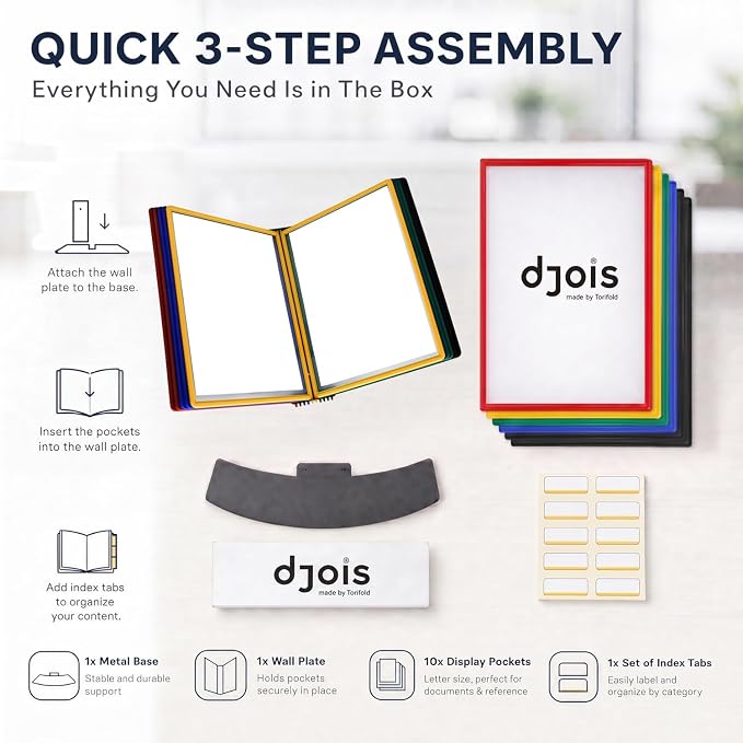 Tarifold Desktop Reference System, 10 Pockets, Easy-Load Design, Assorted | 10 Double-Sided Polypropylene Pockets, Holds 20 Letter-Size Sheets, Sturdy Metal Base, Quick and Easy to Assemble