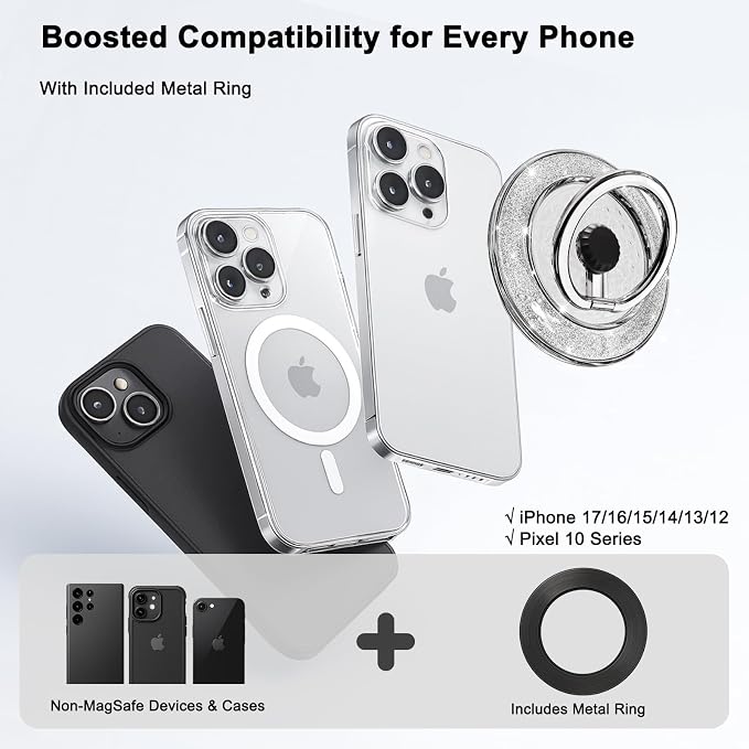 Magnetic Phone Ring Holder for MagSafe, Glitter Magnet Finger Ring Grip Stand Holder, 360° Rotation Fit for iPhone 17 16 15 14 13 12, Pro, Pro Max, Plus, Mag Safe Accessories, Black-Sliver