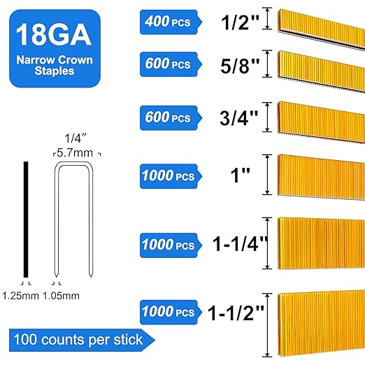 18 Gauge 1/4" Narrow Crown Staples, Galvanized Upholstery Staples for 18 GA Pneumatic or Electric Stapler or Staple Gun (1/2"+5/8"+3/4"+1"+1 1/4"+1 1/2"-4600pcs)