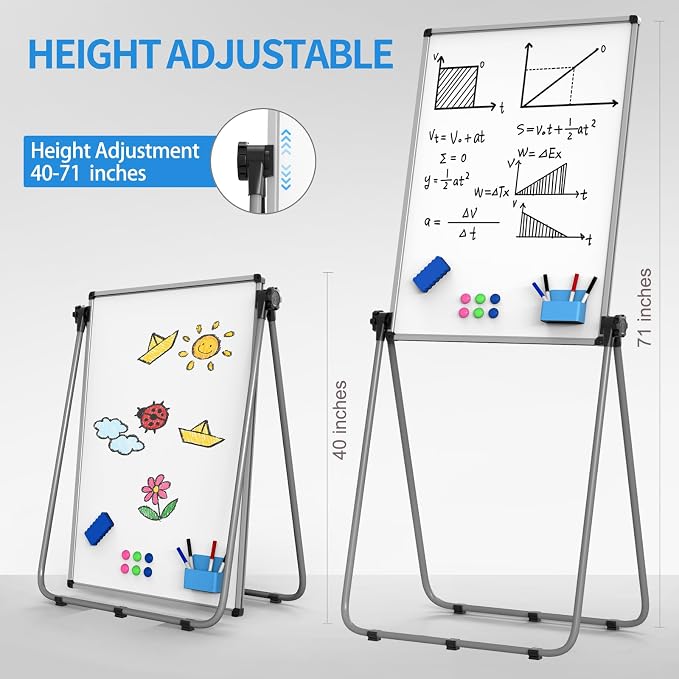 40x28 Whiteboard Easel, Height Adjustable Magnetic Dry Erase Board | Double Sided Magnetic Surface, 40-71 in Height, 360° Rotation, Foldable Aluminum Frame for Home, Office, School and Meetings