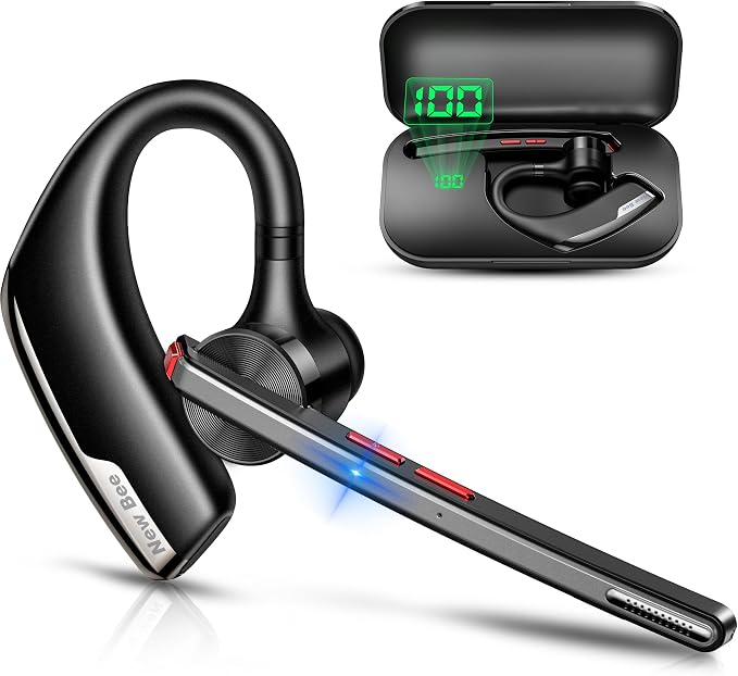 New Bee Bluetooth Headset, Dual Mic Noise Cancelling Bluetooth Earpiece | 80h Playtime, 500mah Charging Case,Crystal-Clear Calls, Bluetooth 5.2 Hands-Free Earphones for Office Driver