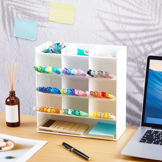 MotiMind Acrylic Pen Organizer Storage for 150 Markers Vertical Marker Organizer Acrylic Pen Display Holder for Office Desk Desktop Stationery Pencil Storage, White, 10.2 x 4 x 9.8 Inch