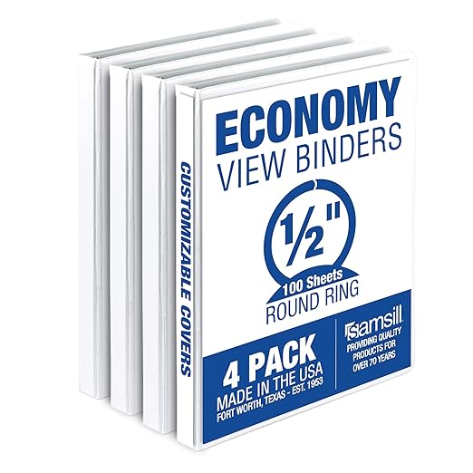 Samsill 0.5 Inch 3 Ring Binder, Economy Round Ring, Clear View Cover, 100 Sheet Capacity - for School, Home, Office - White, 4 Pack