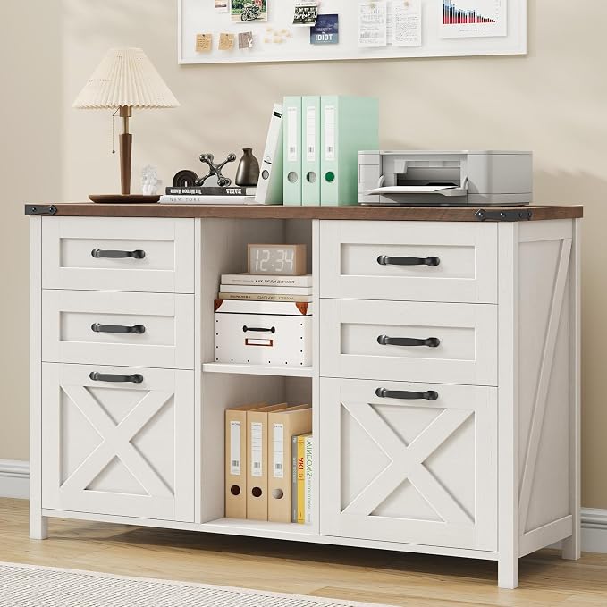 Farmhouse Lateral Filing Cabinet, Lateral File Cabinet with 6 Drawers and Adjustable Shelf, Large Printer Stand with 2 File Drawers for Letter/A4 Size Hanging Files for Home Office, Rustic White