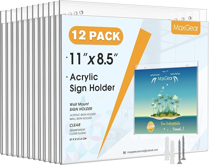 MaxGear Wall Mount Sign Holder 8.5 x 11 Inch, Clear Plastic Picture Frames with Mounting Screws, Door Sign Holders and Document Display Frame for Home, Office, Store, Landscape, 12 Pack