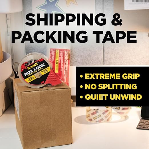 Scotch Box Lock Packing Tape, Clear, Extreme Grip Box Packaging Tape for Shipping and Mailing, 1.88 in x 54.6 yd, 2 Rolls with 1 Dispenser