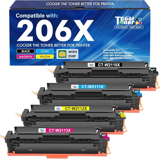 206X Toner Cartridges 4 Pack Compatible for HP M283fdw M283cdw High Yield | Compatible for HP 206A 206 Color LaserJet Pro MFP M255dw M283fdn M255nw M282nw M283 M255 W2110X W2110A Printer (with Chip)