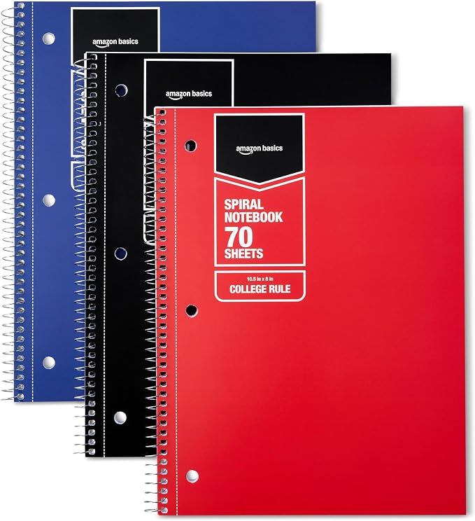 Amazon Basics College Ruled Spiral Notebooks, 70 Sheets, 8" x 10.5", Perforated Pages, Assorted Primary Solid Colors, 3-Pack