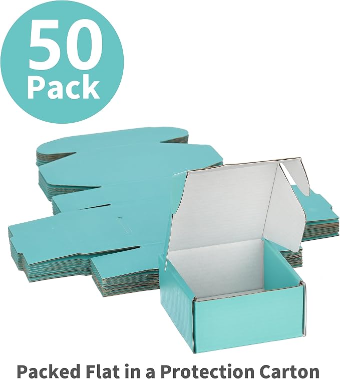 50 Pack 4x4x2 inches Small Shipping Boxes Teal, Corrugated Cardboard Boxes for Mailing Packing