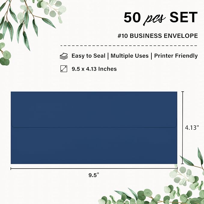 50 Pack #10 Navy Blue Envelopes Letter Size Self Seal Business Envelopes | Security Mailing Envelopes, 4 1/8 x 9 1/2 Inches
