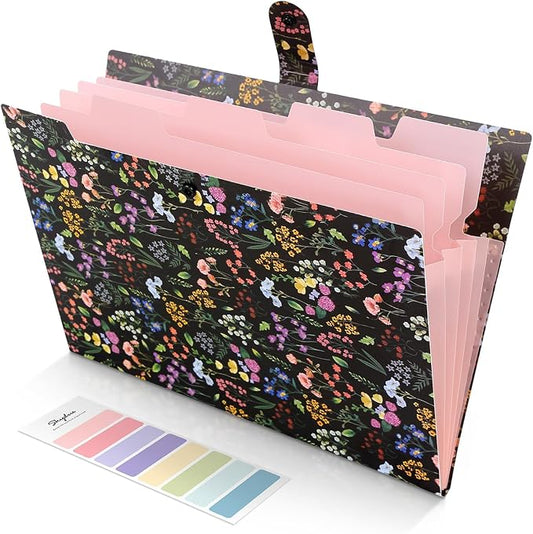 SKYDUE Accordion File Organizer, Floral Expanding File Folders with 5 Pockets, Cute Document Organizer for Paper Bills Receipt Storage, School Office & Hospital Supplies Letter/A4 Size Black