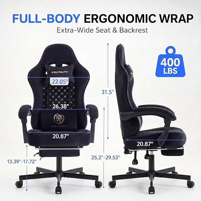 Desk Computer Gaming Chair - High Back Ergonomic Office Chair with Footrest and Lumbar Support, Swivel Comfy Home Gamer Video Game Chairs with Pocket Spring Cushion for Adults (Black Fabric)