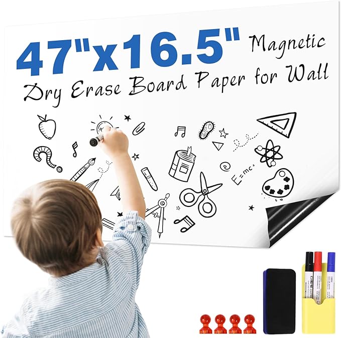 Magnetic White Board Sticker Adhesive 47"x16.5" Dry Magnetic Erase Board Paper for Wall Sticker Refrigerator Whiteboard Sheet for Teacher Supplies Include 3 Markers Eraser with Magnet