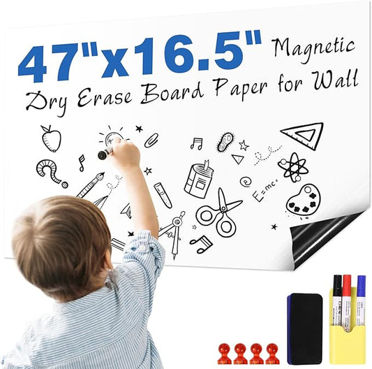 Magnetic White Board Sticker Adhesive 47"x16.5" Dry Magnetic Erase Board Paper for Wall Sticker Refrigerator Whiteboard Sheet for Teacher Supplies Include 3 Markers Eraser with Magnet