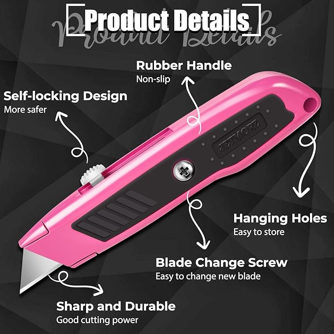Box Cutter, 2 Pack Pink Utility Knife, Durable Razor Knife, Box Opener with 10 SK5 Blades, Exacto Knife, Cardboard Cutter, Box Cutter Retractable, Perfect Package Opener for Home, Office