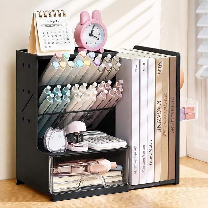 Sooez Desk Organizer with Bookends, Pegboard & Drawer, Pen & Pencil Holder | Desk Accessories with 5 Compartments, Teacher School Office Supplies, Dorm Room Organization Storage for Sticky Notes, Black