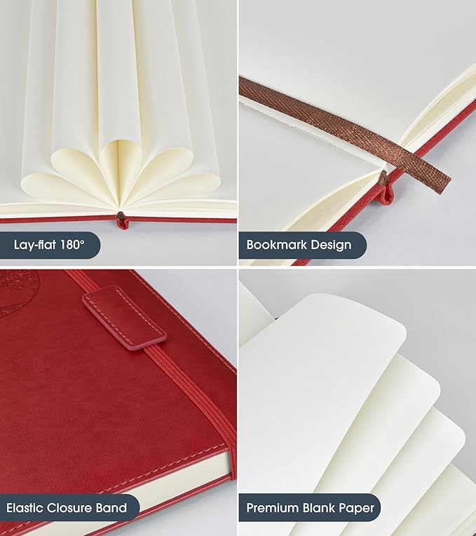 Blank Journal Notebook for Women Men, Hardcover Leather Sketchbook 5.7"×8.3", 140 Pages Unlined Sketch book for Drawing, Writing, Travel, School & Work,Journaling Notebooks(Winered)