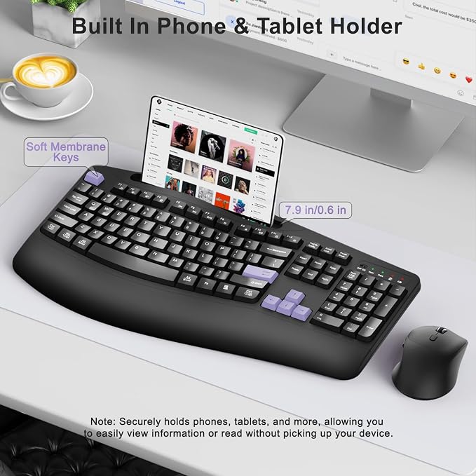 Wireless Keyboard and Mouse Combo, Full Size Ergonomic Wave Keys(Purple-B) | 2.4G Ergonomic Keyboard with Wrist Rest, Phone Holder, 3-Level DPI Silent Mouse with 6-Buttons, for Windows/Mac OS/Laptop/PC