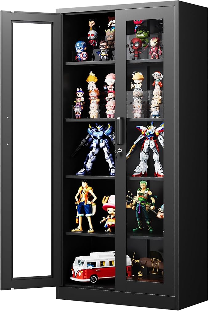 PEUKC Display Cabinet with Glass Doors, 71 Inches Metal Display Case with 4 Adjustable Shelves, Curio Storage Cabinet with Lock for Home, Office, Book, Pantry, Assemble Required (Black)