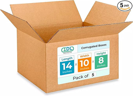 Medium Moving & Shipping Boxes 14 x 10 x 8 inches (5-Pack) - Extra Strength 200 lb vs Regular - USA-Made Corrugated Packaging Box - Box for Shipping - Cardboard Box by IDL Packaging