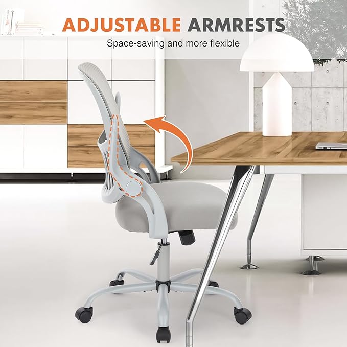 Sweetcrispy Home Office Chair, Mesh Office Chair, Lumbar Support, Grey | Adjustable Height, 360° Swivel Wheels, Mid-Back, Comfy Flip-up Arms for Small Space, Study, Managerial Executive, Grey