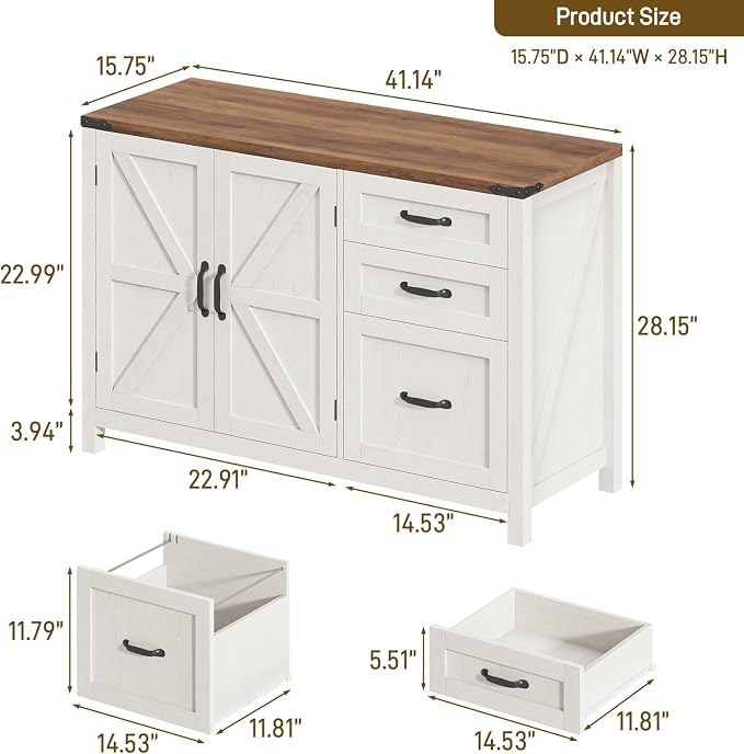 Farmhouse File Cabinet with Doors, Lateral Filing Cabinet, White and Brown | Filing Cabinet with 3 Drawers for Letter/A4 Size Hanging Files, Wooden Storage with Adjustable Shelves for Home Office