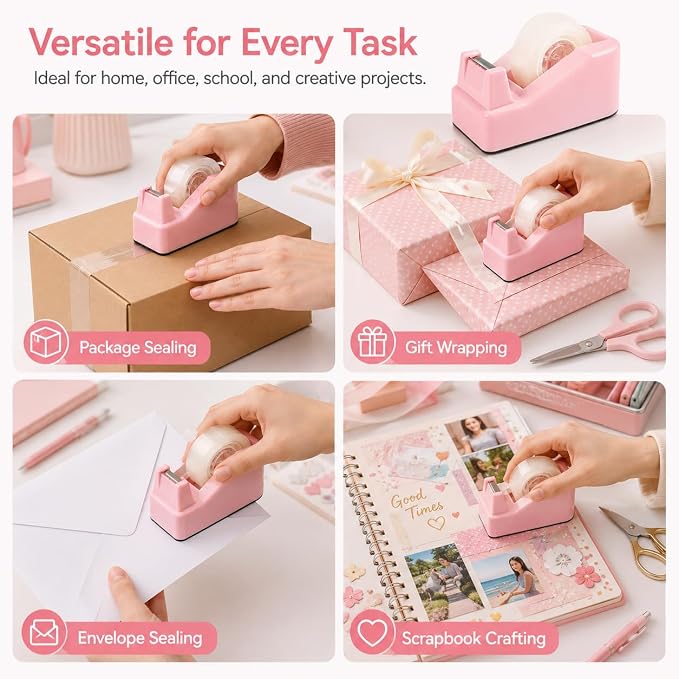 SHOIKOM Cute Tape Dispenser for Desk, Weighted Non-Slip Base, One-Hand Tape Cutter, Pink Desk Accessories, Aesthetic Office Decor for Women, Students & Teachers(Tape not Included)