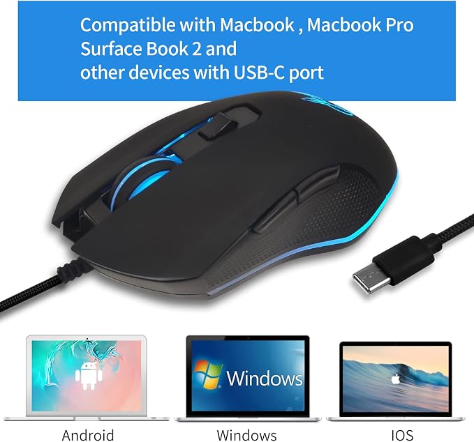 IULONEE USB Type C Wired Mouse 2400 DPI Gaming Mice for Office Home Black | Wired Mouse Ergonomic 7 Backlight 6 Buttons Silent Compatible with Windows PC, Laptop, Computer and More USB Type C Devices