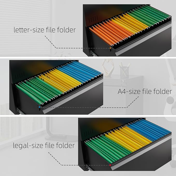 Guizeeopo Metal File Cabinet with Lock, 3 Drawer Lateral File Cabinets for Home Office, Heavy Duty Office Storage Cabinet for A4/Letter/Legal Size, Assembly Required(Black)