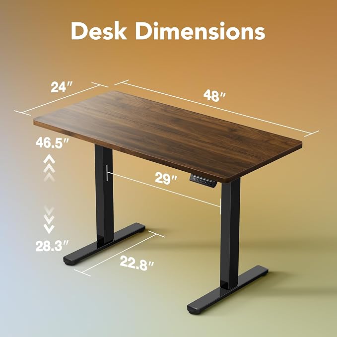 HUANUO 48x24 Inch Electric Standing Desk, Height Adjustable, Walnut | 176 Lbs Capacity, Smooth Home Office Desk, 4 Memory Presets & Headphone Hooks, 28.3–46.5 Inch Height Range, Easy to assemble