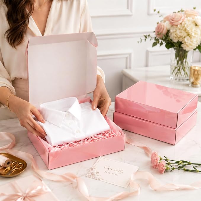 9x6x2 in Shipping Boxes Medium, 45 Pack Glossy Pink Corrugated Boxes, Cardboard Packing Boxes for Shipping Small Business Bulk