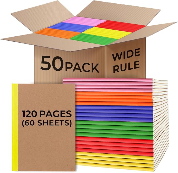 50 Pack A5 Kraft Notebook, Wide Ruled, Bulk Journal Notebook A5 | Bulk Composition Notebook, 120 Pages (60 Sheets) Thick Notebook, 8 x 5.7, Bulk Kraft Travel Journals, Notebook for School