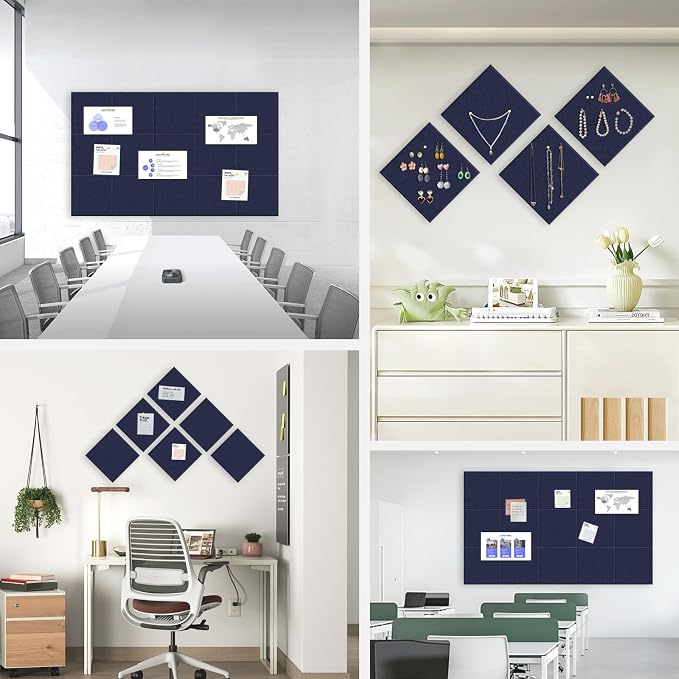 36" x 24" Large Felt Bulletin Board 1/2" Thick, Dark Blue | 6 Pack Felt Tiles, Cork Board Alternative, 30 Adhesive Tabs, Pin Board for Home Office Decor with Easy Install