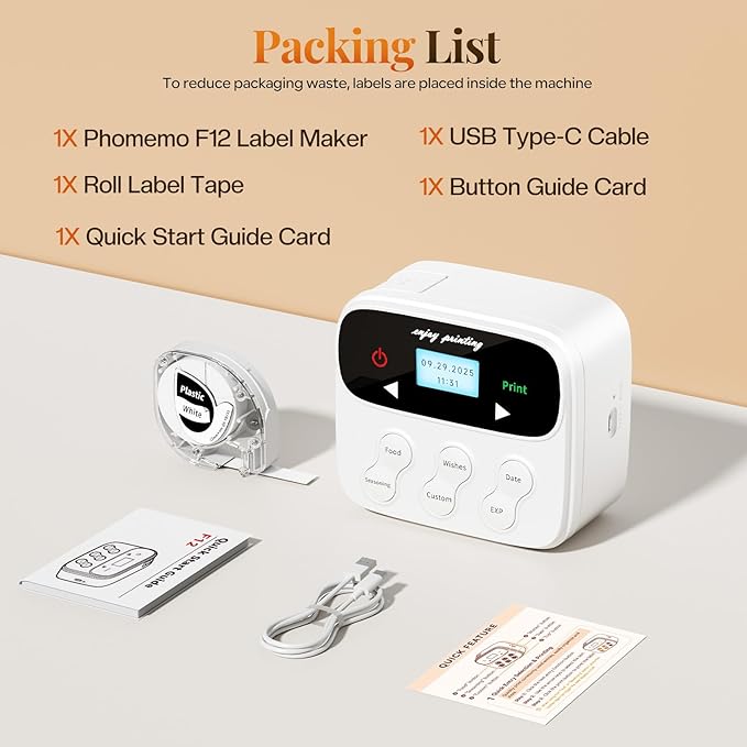 Phomemo Ribbon Label Printer, Kitchen Magnetic Label Maker Machine with Tapes F12 Handheld Rechargeable Backlit-LCD Screen Labeler One-Click Print Date for Home Food School Gift Wrapping Fridge White