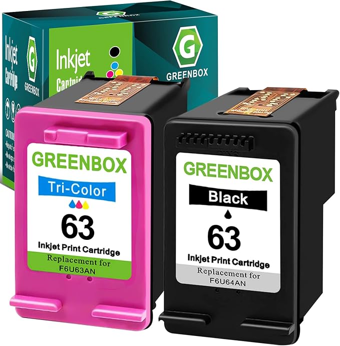 GREENBOX 63 Ink Cartridges Combo Pack Black/Tri-Color for 63 Ink, 2-Pack | Replacement for HP 63 Ink Combo Pack for Envy 4512 4520 Officejet 3830 4650 5255 Deskjet 1112 3634 3632 3639 Printer Ink
