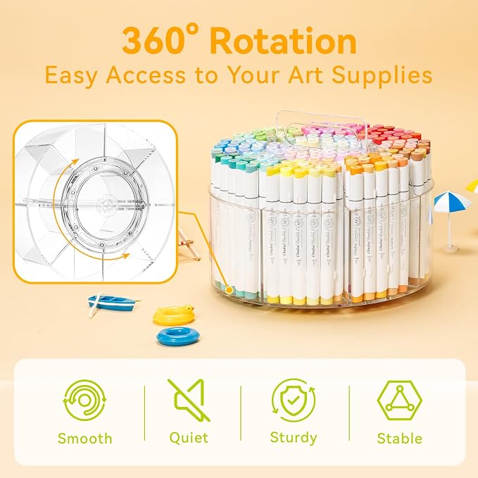 Ohuhu 360° Rotating Acrylic Marker Storage Organizer for Alcohol Markers | Clear Acrylic Pen Holder with Hidden Handle, 10 Compartments for Markers Pens & Pencils, Home Classroom Office Desk Organizer