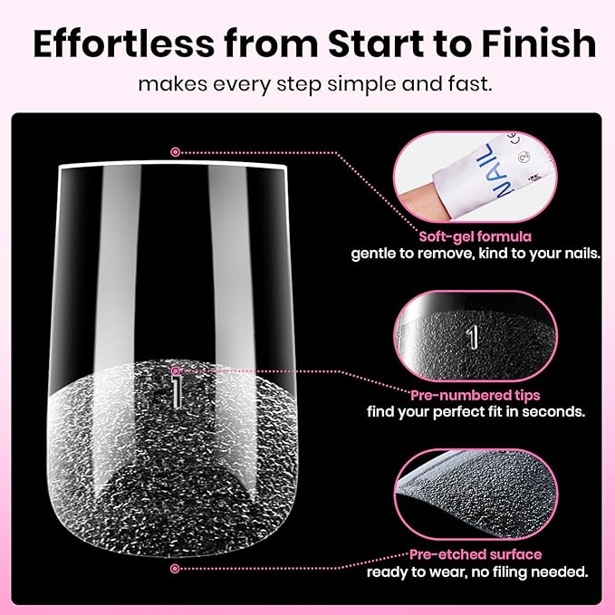 Beetles Gel Nail Tips Square Short, 320pcs 16 Sizes(00-14), Flat-X Pre-Etched Half Matte Full Cover Soft Gel Nail Tips, Natural Clear Press on False Nail Supplies, Easy DIY Nail Extension Salon Art