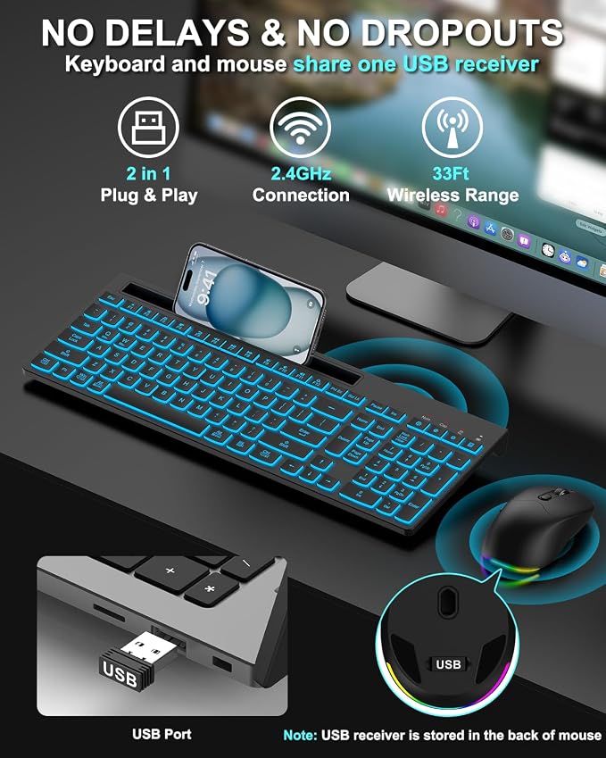 Wireless Keyboard and Mouse Combo, 7 Backlit Effects, Light Up Letters, Rechargeable, Phone Holder, 6 Button Mouse, Ergonomic Tilt Angle, 2.4GHz Silent USB Keyboard Mouse for Laptop, PC