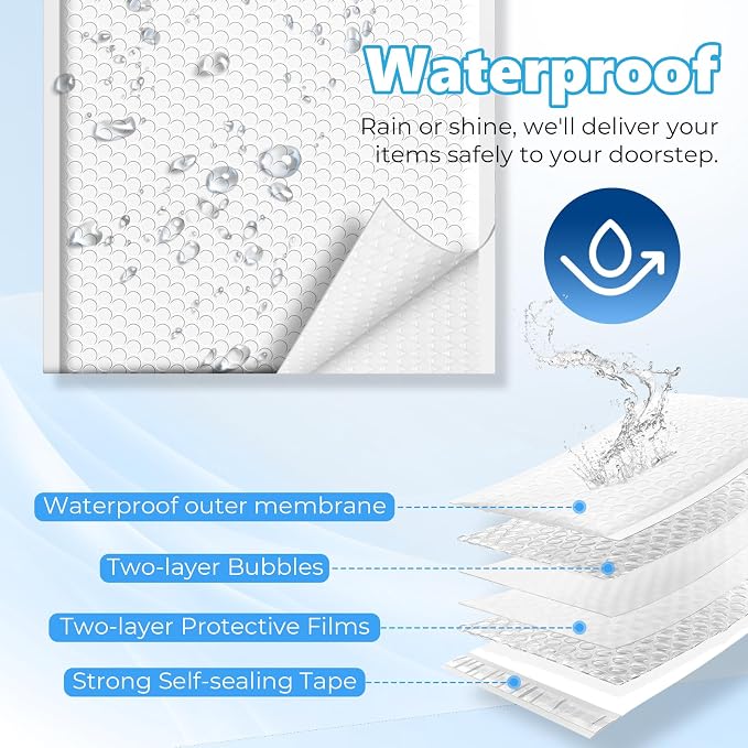 Metronic Bubble Mailers True 10.5x15" Usable Size Padded Envelopes 500 Pack | 50% Thicker 1/7" Bubble 10.5x16" Self Seal Water-resistant bubble envelopes for Books,Clothes,T-shirt Small Business,#5,White