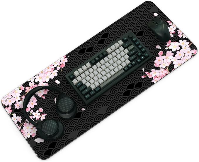 Gaming Mouse Pad with Anti-Slip Rubber Base, Extended Large Computer Mouse Mat with Stitched Edges, Long XL Anime Mousepad for Laptop and Keyboard, 31.5 x 11.8 inch (Black Cherry Blssom)