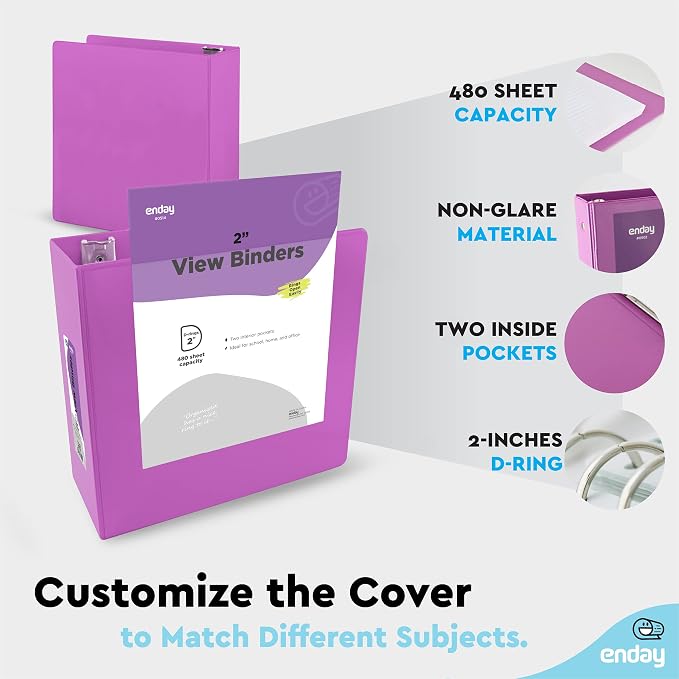 Enday 2 Inch 3 Ring Binder, Purple Heavy Duty Three Ring Binder, 480 Sheets Capacity - 2 Inch Binder for Home School and Office.