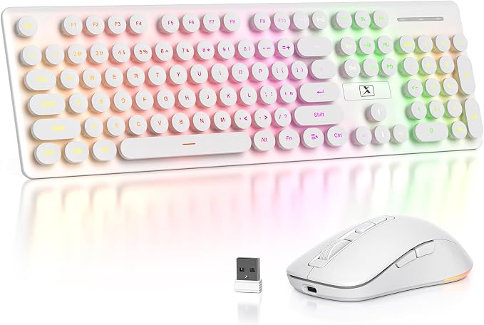 Backlit Wireless Keyboard and Mouse, 2.4GHz Light Up Typewriter Rechargeable Cordless Quiet Keyboard with USB Receiver for PC/Laptop (White)