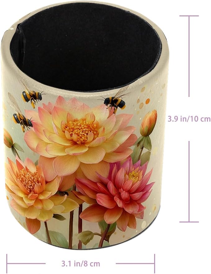 Leather Pen Holder for Desk, Watercolor Floral Pencil Cup Pen Organizer Makeup Brush Holder for Office Home Kids Countertop Desk Accessory Storage