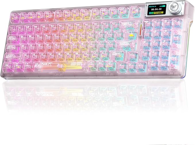 Aula F98Pro V3 Wireless Mechanical Gaming Clear Keyboard with Screen & Knob | Triple-Mode Hot Swappable, Gasket Mount Linear Switches, Clear Keycaps RGB Backlit, TFT Screen 10000mAh Battery for PC/Office