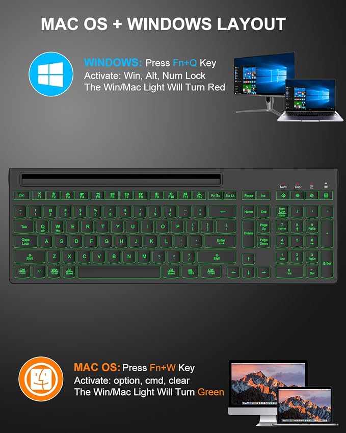 Wireless Keyboard and Mouse Combo, 7 Backlit Effects, Light Up Letters, Rechargeable, Phone Holder, 6 Button Mouse, Ergonomic Tilt Angle, 2.4GHz Silent USB Keyboard Mouse for Laptop, PC