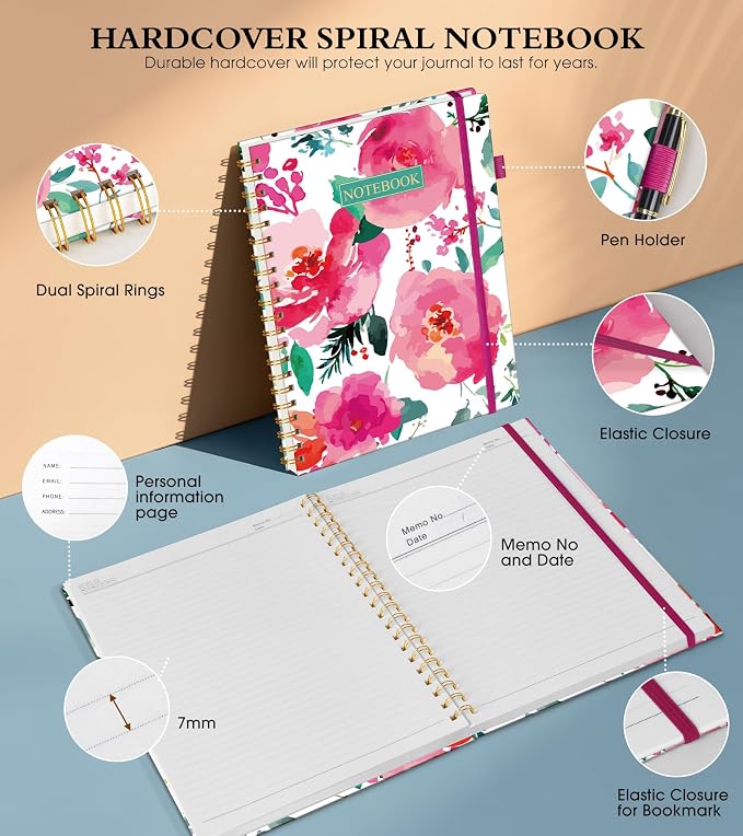 Spiral Notebook Journal 8.5” x 11”, A4 Large Notebooks for Women Men, College Ruled Lined Journal, 100 GSM Paper, Hardcover Spiral Bound Journals for Work School Note Taking, Watercolor Blooms